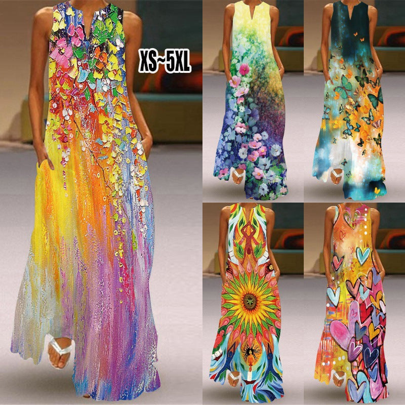 Vestido largo holgado sin mangas con estampado floral de corazón estilo bohemio informal de talla grande para mujer
