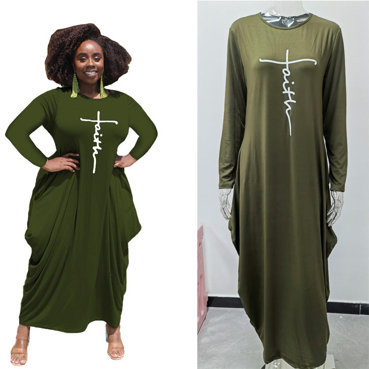 Women Casual Long Sleeve Graphic Printed Irregular Hem Pockets Dress