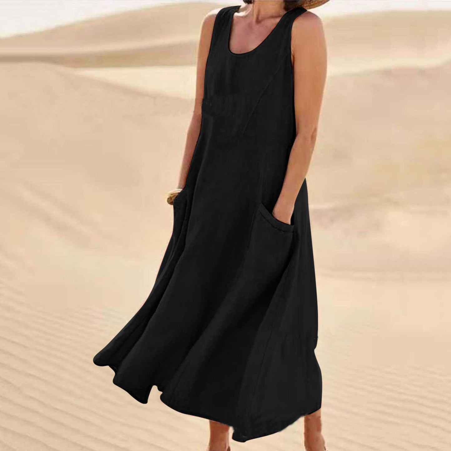 Summer Women Casual Solid Color Sleeveless Round Neck Pocket Cotton Linen Dress