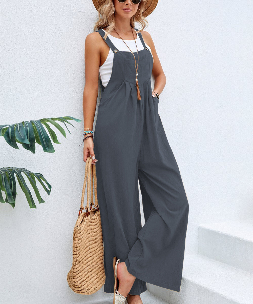 Women Solid Color Casual Wide Leg Suspender Jumpsuits