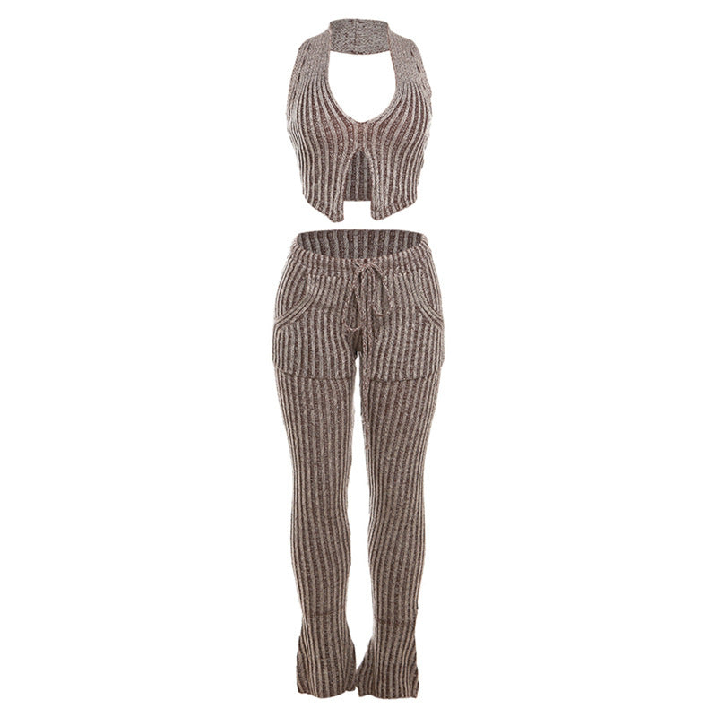 Autumn Women Sexy Knitted Halter Neck Crio Top High Waist Casual Flared Pants Set