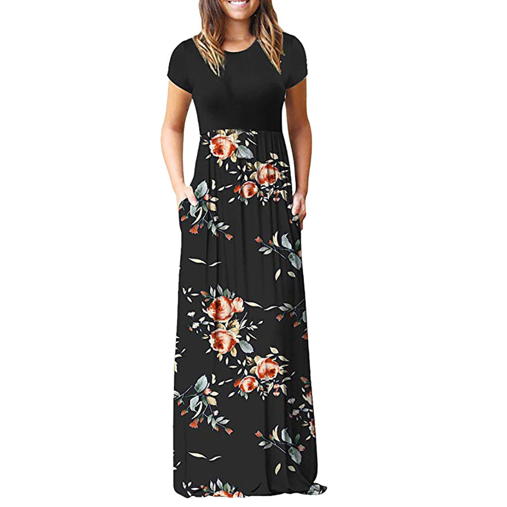 Fashion Women Casual Short Sleeve Round Neck Floral Print Maxi Dress