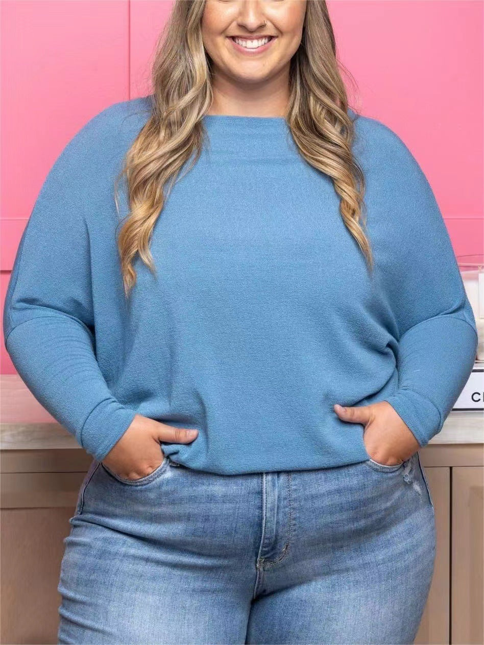 Camiseta informal de manga larga con cuello redondo y color liso para mujer