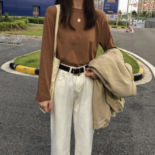 Camiseta informal de manga larga con cuello redondo y color liso para mujer