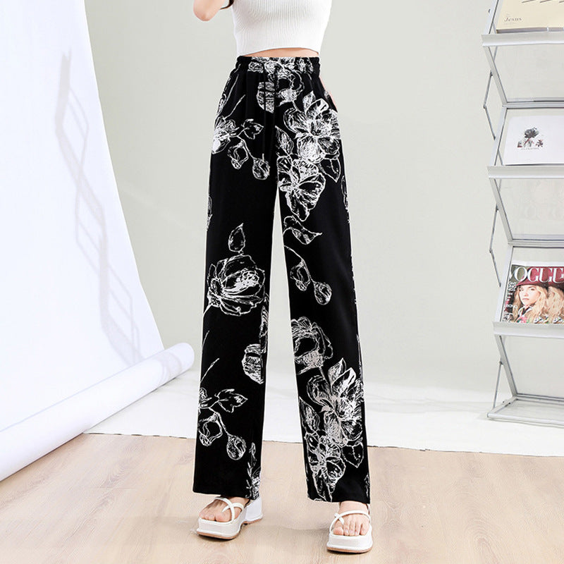 Pantalones anchos de seda helada, cintura alta, básicos e informales, de verano para mujer