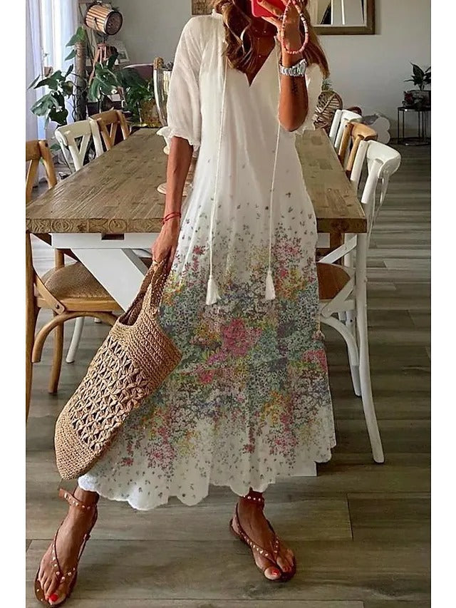 Vestido largo floral con escote en V holgado informal para mujer