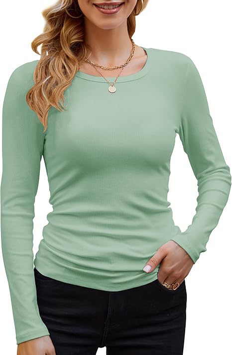 Camiseta informal de manga larga con cuello redondo y ribete de color liso para mujer