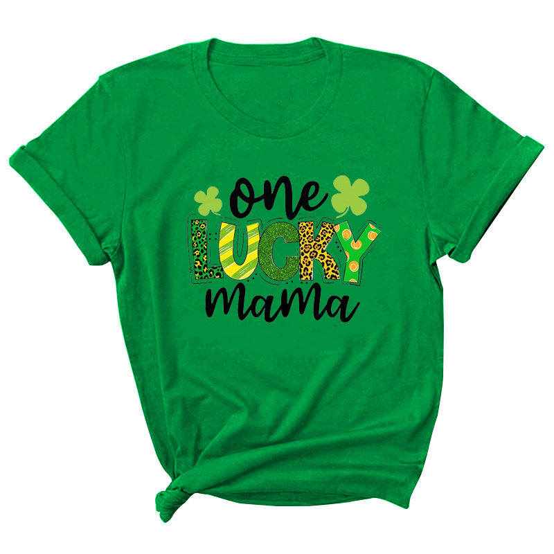 Camiseta informal de manga corta con cuello redondo y estampado de letras "One Lucky Mama" para mujer