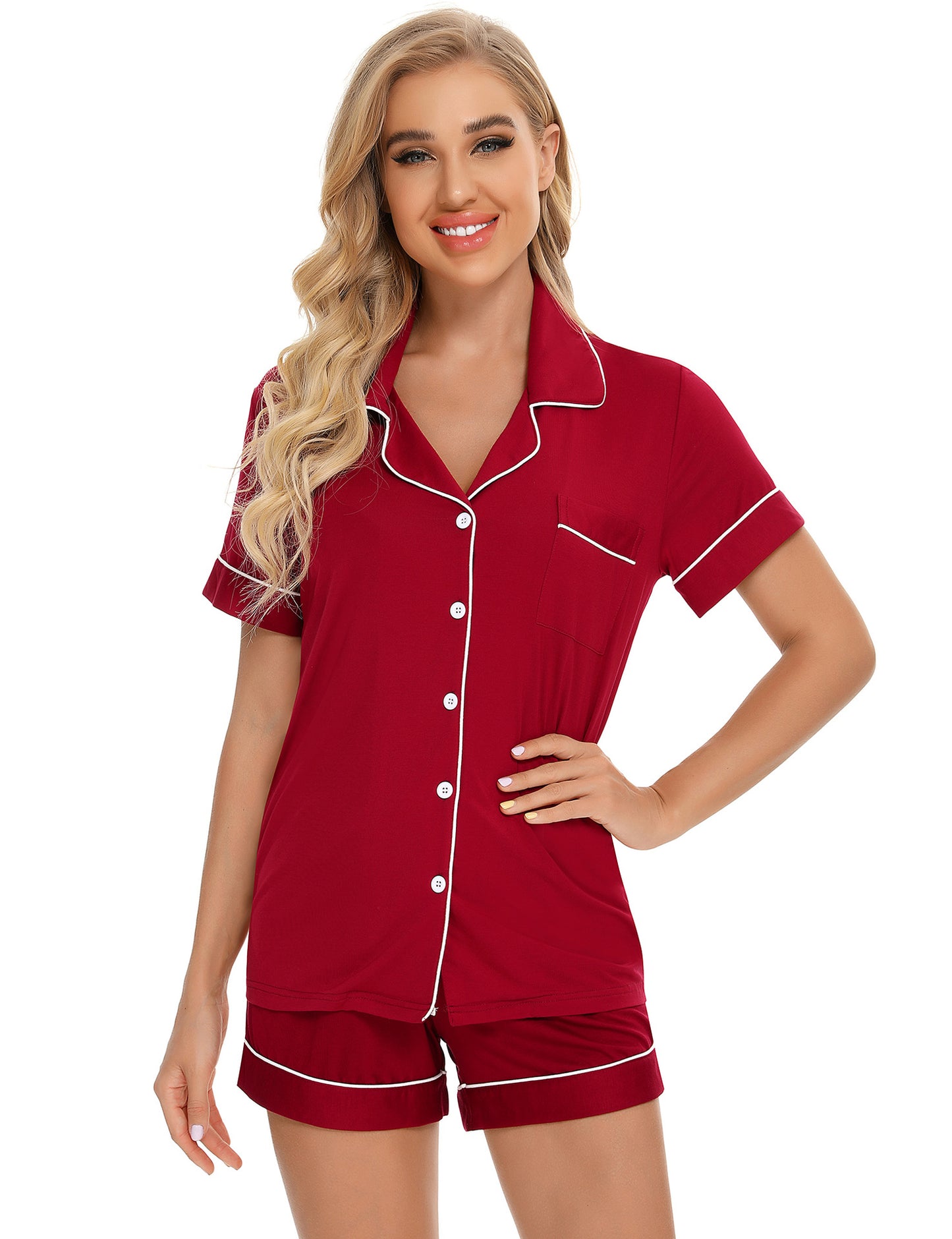 Pijama de dos piezas de verano para mujer, transpirable, informal, con solapa y manga corta.