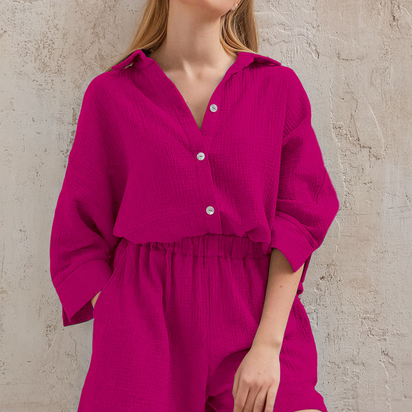 Conjunto de pijama para mujer, de color liso, informal, de manga larga y pantalones cortos para el hogar