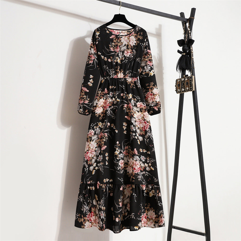 Women Fashion Casual Floral Print Round Neck Long Sleeve Maxi Dress