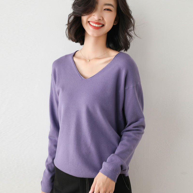 Women Fashion Casual Solid Color Round Neck V-Neck Long Sleeve Sweater