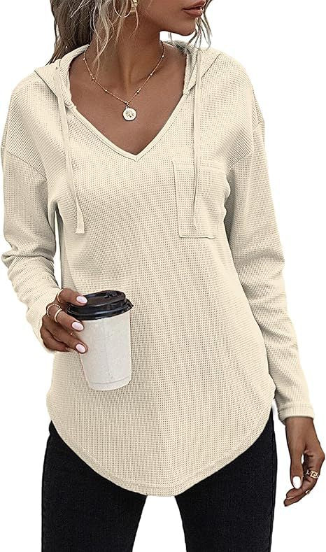 Sudadera con capucha de manga larga con cordón y cuello en V informal para mujer