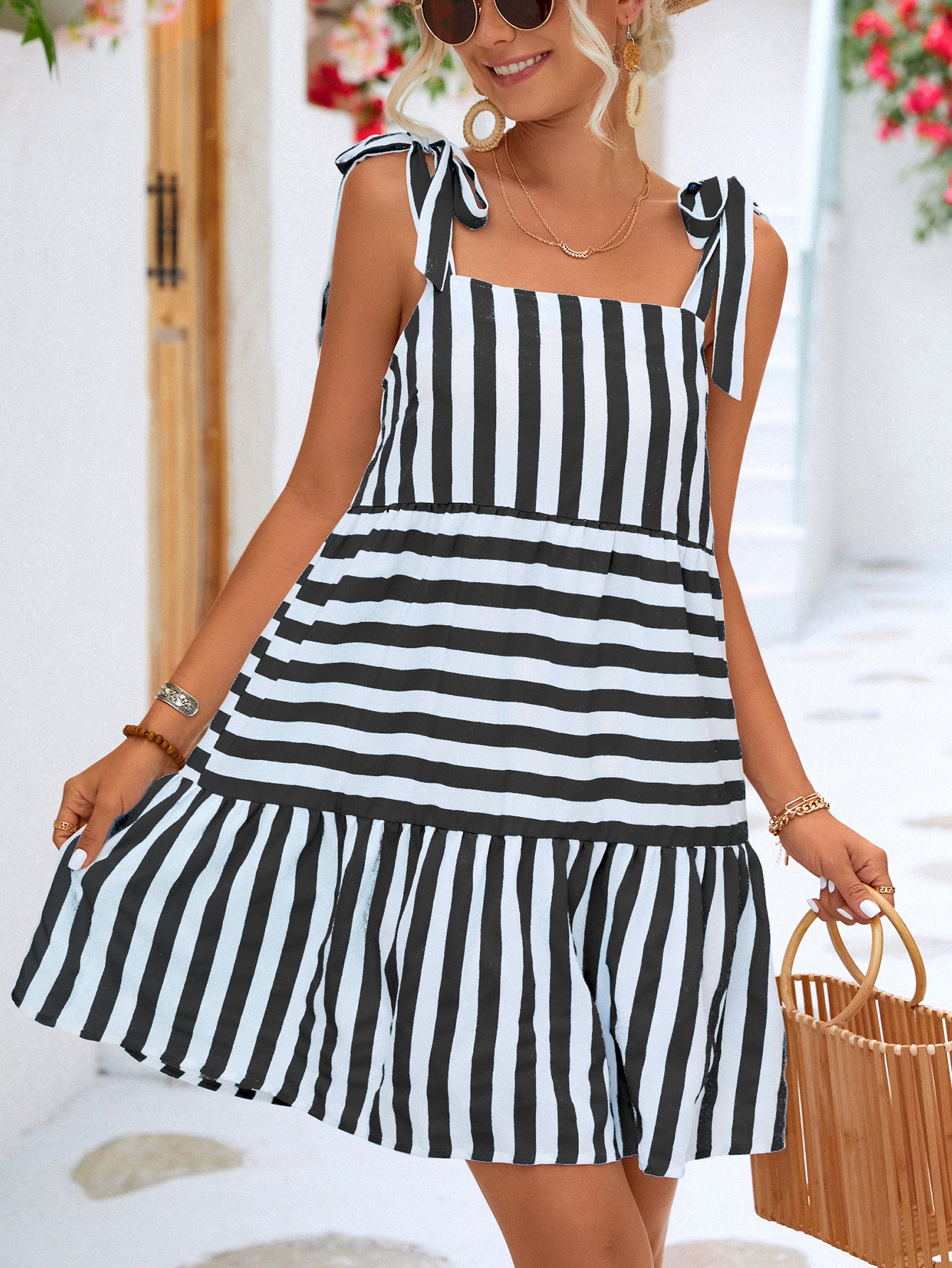 Women Casual Vacation Summer Color Blocking Stripe Lace-Up Loose Dress