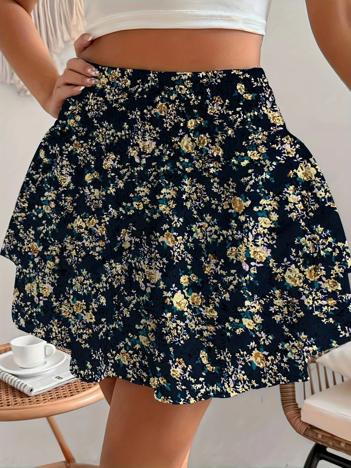 Women Fashion Casual Floral Printed High Waist Skirt