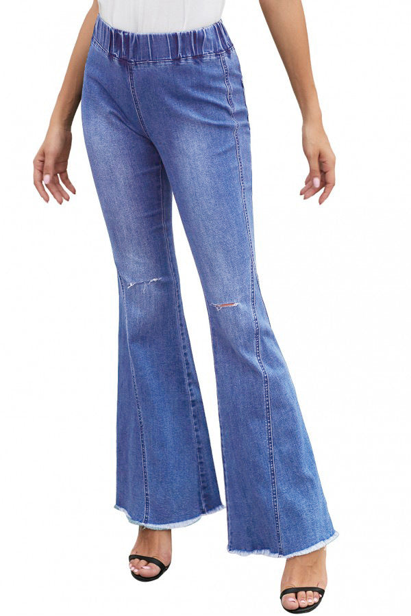Vaqueros rasgados, holgados, acampanados y de color liso, informales, a la moda para mujer