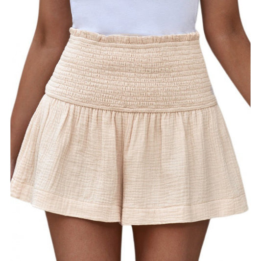 Pantalones cortos plisados de cintura alta de color liso de algodón y lino para mujer