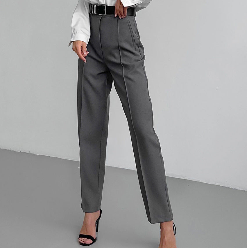 Women Fashion Casual Solid Color High Waist Straight Pants