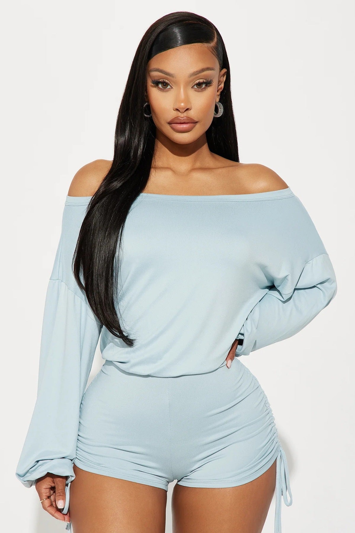 Women Fashion Casual Off-Shoulder Long-Sleeved Pleated Drawstring Tight Rompers