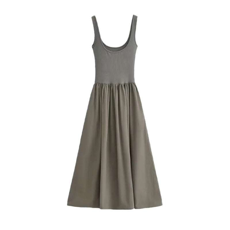 Vestido informal sin mangas con cuello en U plisado de color liso a la moda para mujer