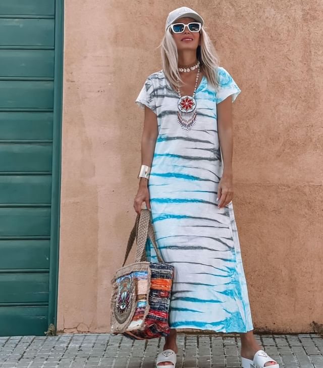 Fashion Women Summer Vacation Casual Stripe Print Short Sleeve V Neck Maxi Dress