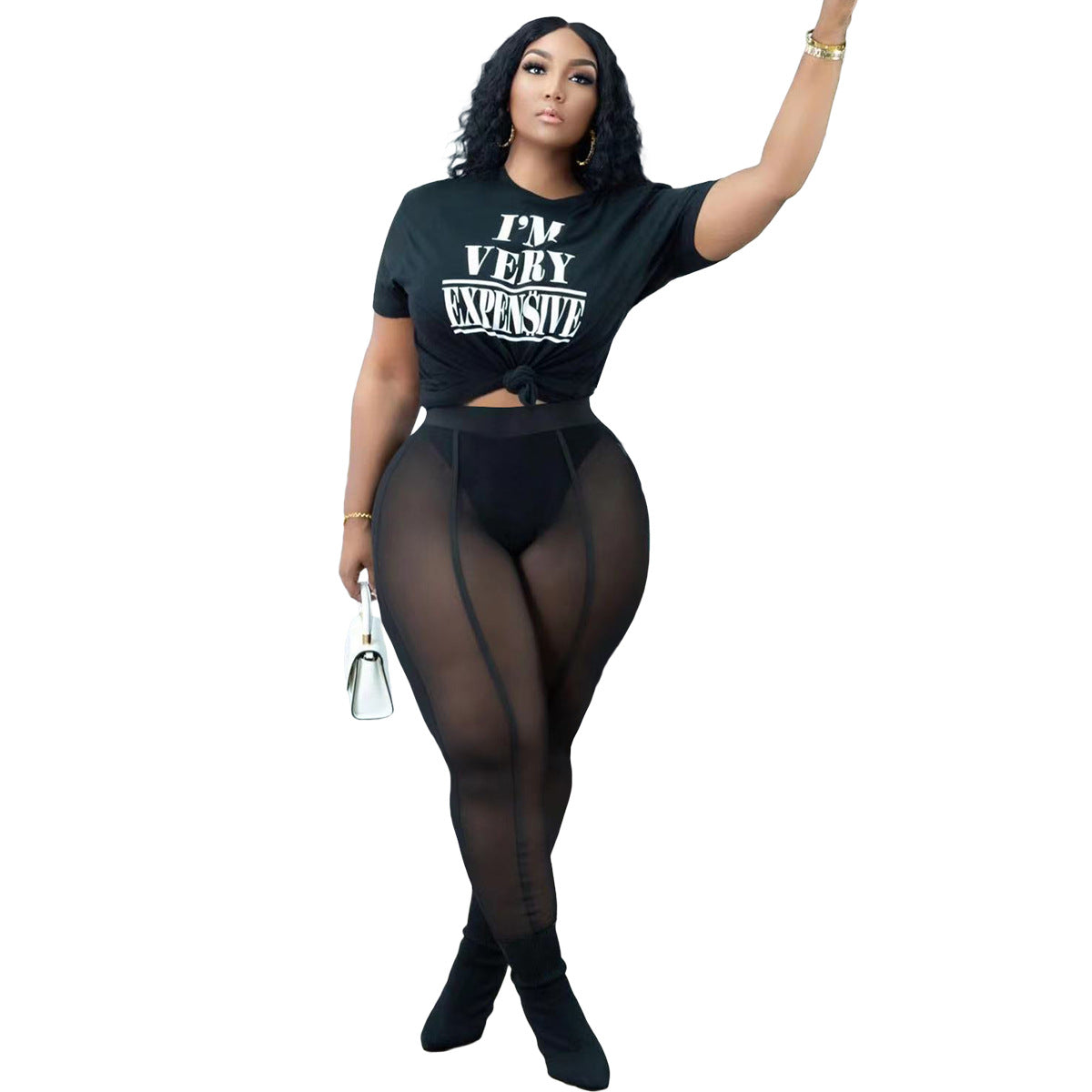 Conjunto de dos piezas de camiseta informal de manga corta con cuello redondo y leggings de malla transparente sexys para mujer