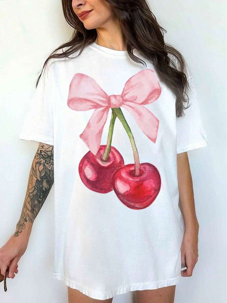 Camiseta informal de manga corta con cuello redondo y estampado para mujer