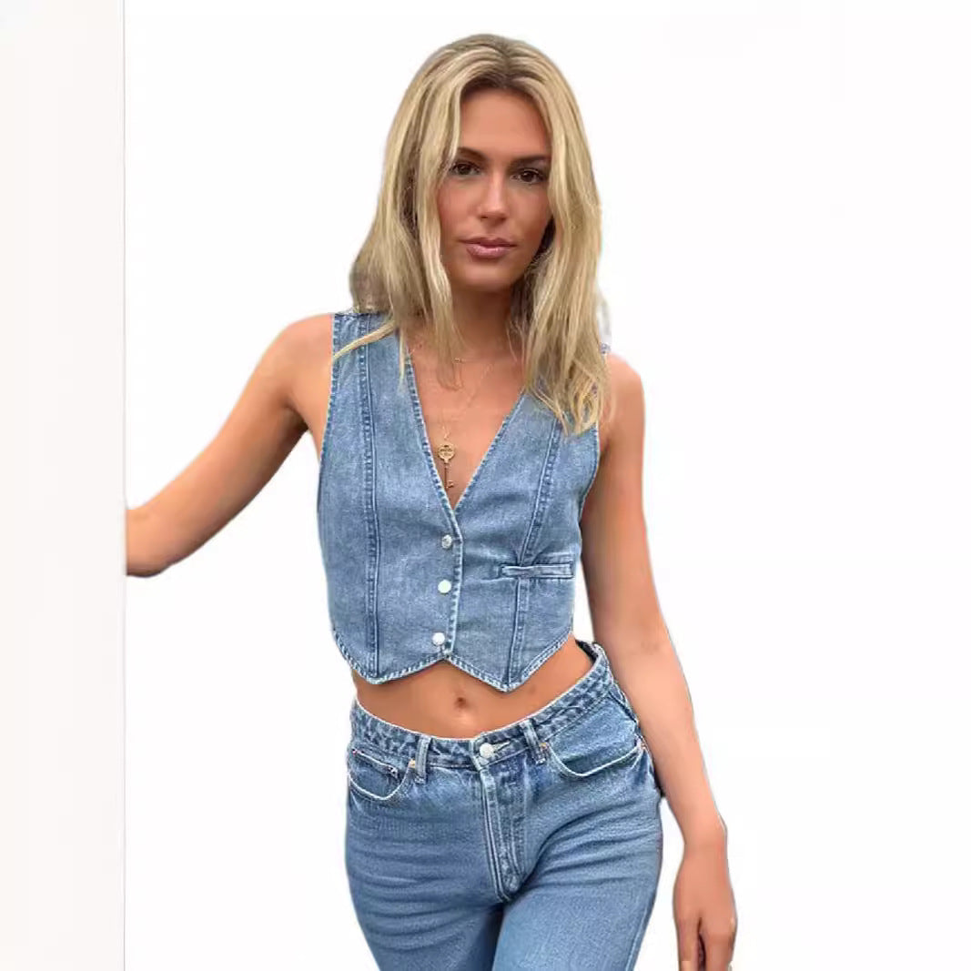 Women Fashion Casual V-Neck Denim Vest