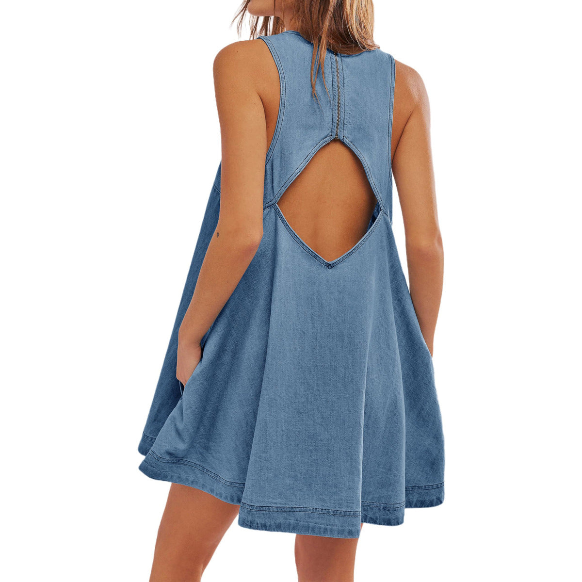 Women Fashion Casual Round-Neck Sleeveless Backless Loose Denim Dress