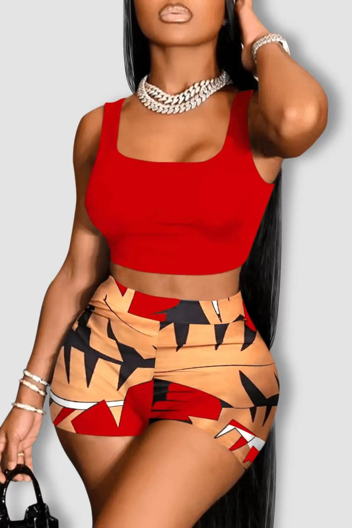 Conjunto de dos piezas con camiseta sin mangas y pantalones cortos con estampado gráfico para mujer, estilo playero informal para vacaciones