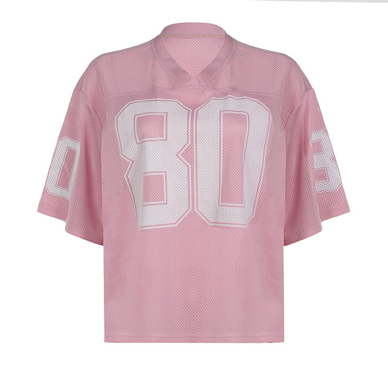 Camiseta de jersey de manga corta con cuello en V y estampado digital holgado informal para mujer