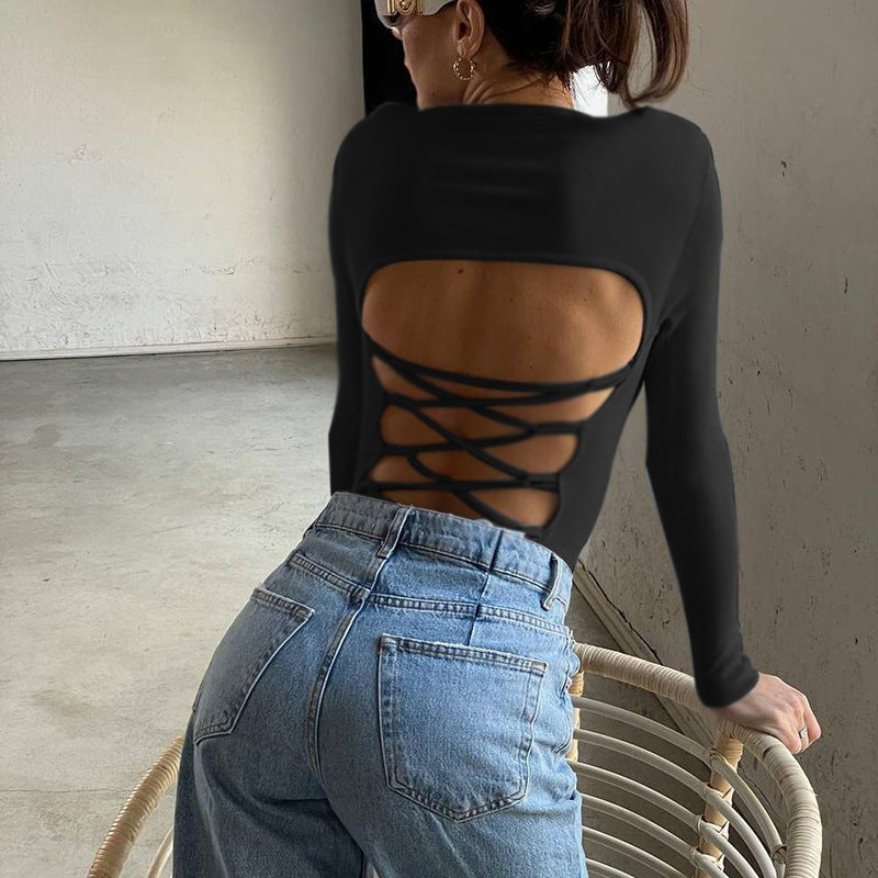 Body informal de moda para mujer con tirantes huecos en la espalda, manga larga y cuello redondo
