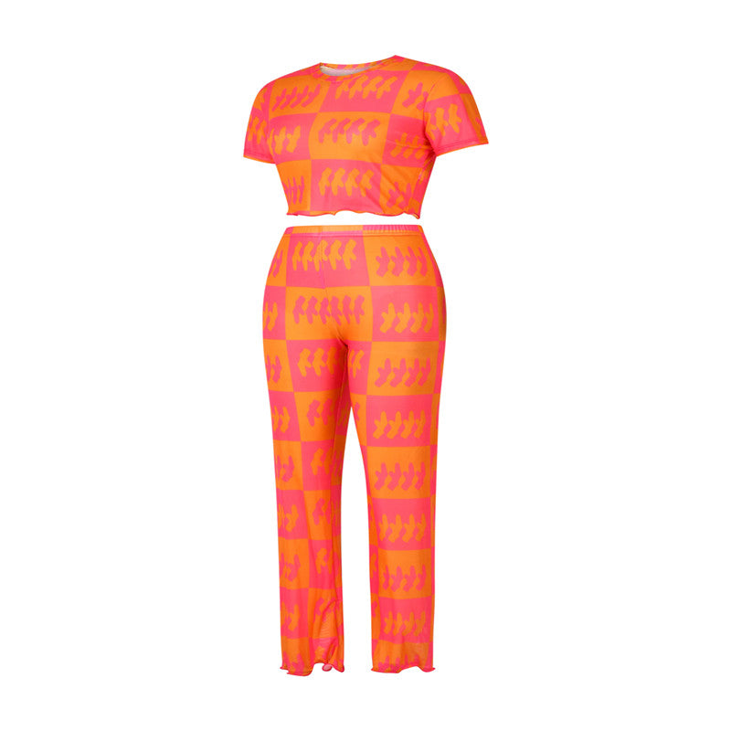 Conjunto de camiseta informal de manga corta con estampado gráfico y pantalones ajustados de malla transparente para mujer