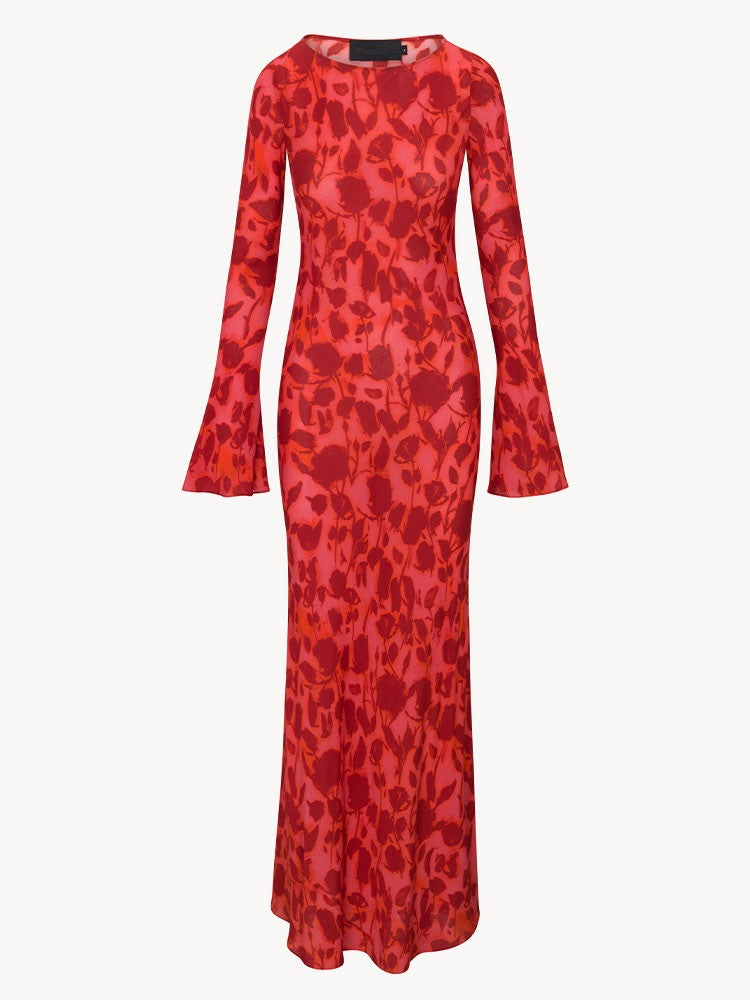 Fashion Boho Women Elegant Stripe Rose Floral Print Flare Sleeve Boat Neck Casual Maxi Dress