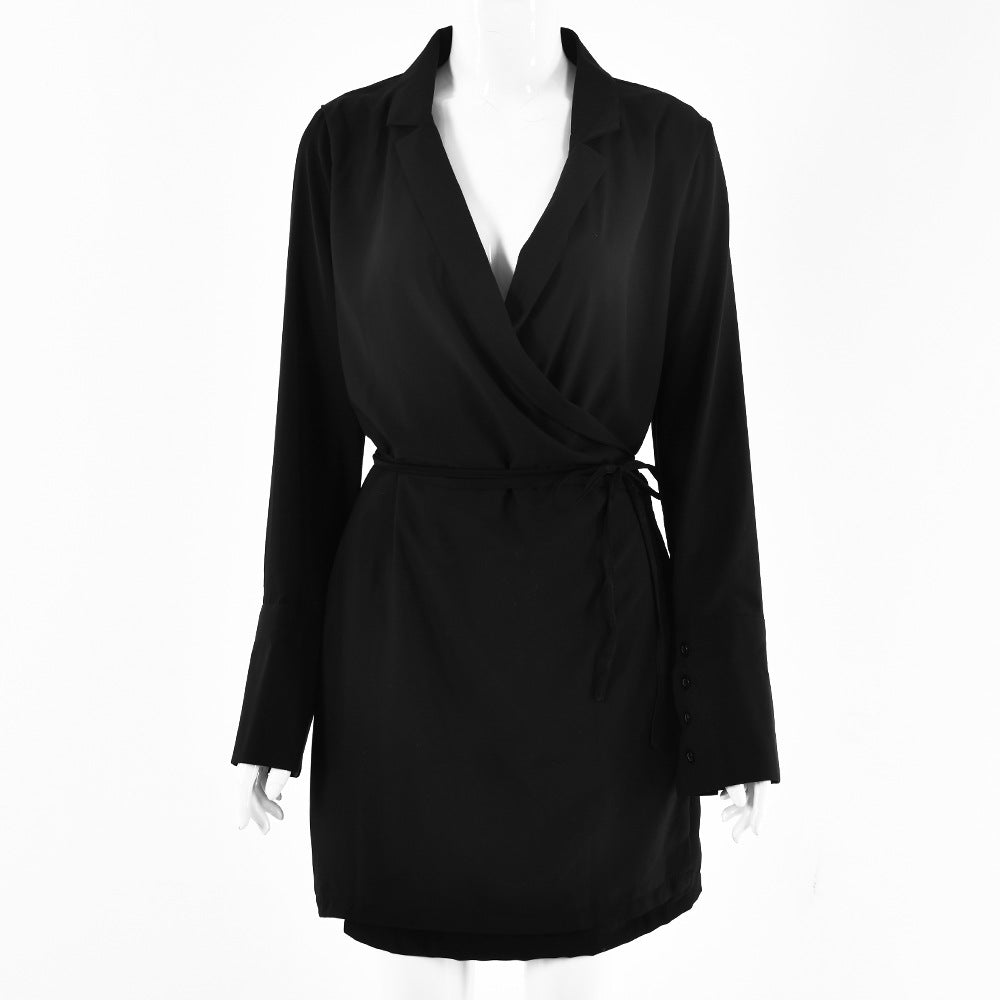 Women Solid Color Lapel V-Neck Long Sleeve Chiffon Waist Loose Casual Dress