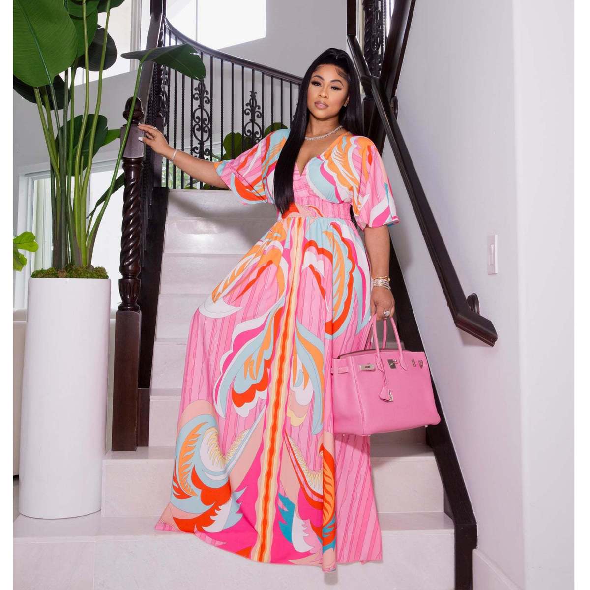Women Fashion Casual Printed V-Neck Butterfly Sleeve Split Dress