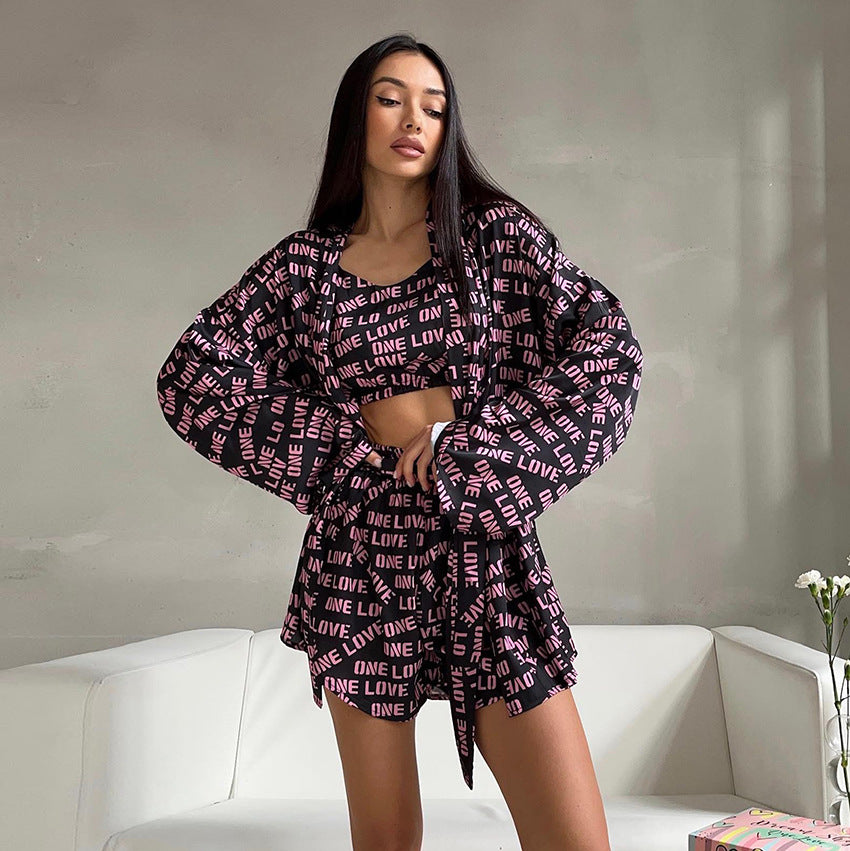 Conjunto de pijama informal con estampado de letras para mujer, camisola tipo cárdigan, top y pantalones cortos para el hogar