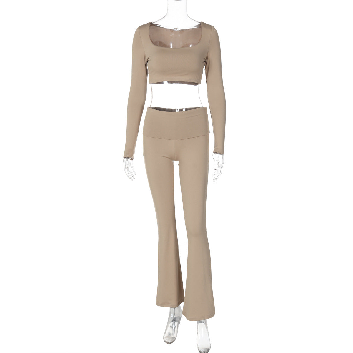 Conjunto de dos piezas de top corto con cuello cuadrado y manga larga de color liso informal para mujer