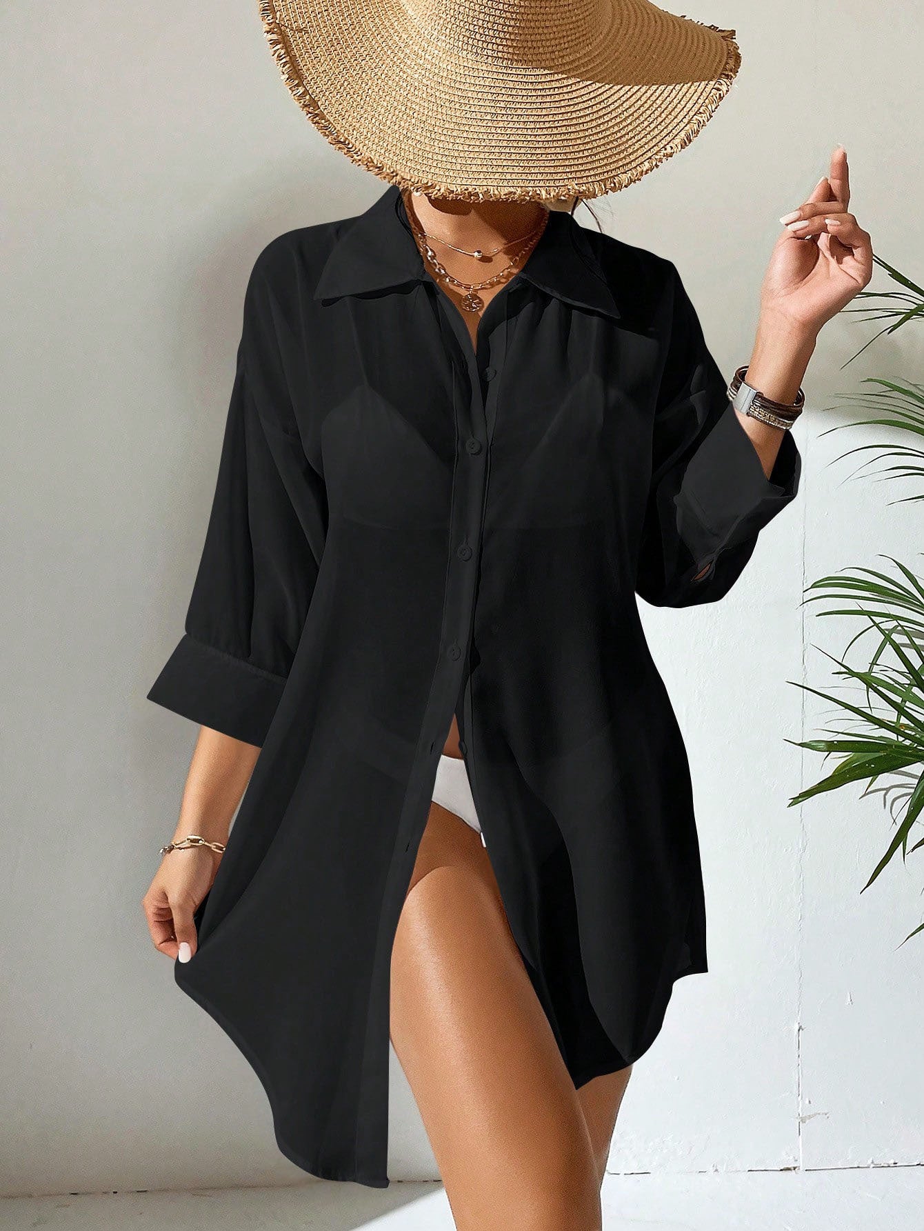 Women Casual Perspective Chiffon Shirt Bikini Cover-Ups