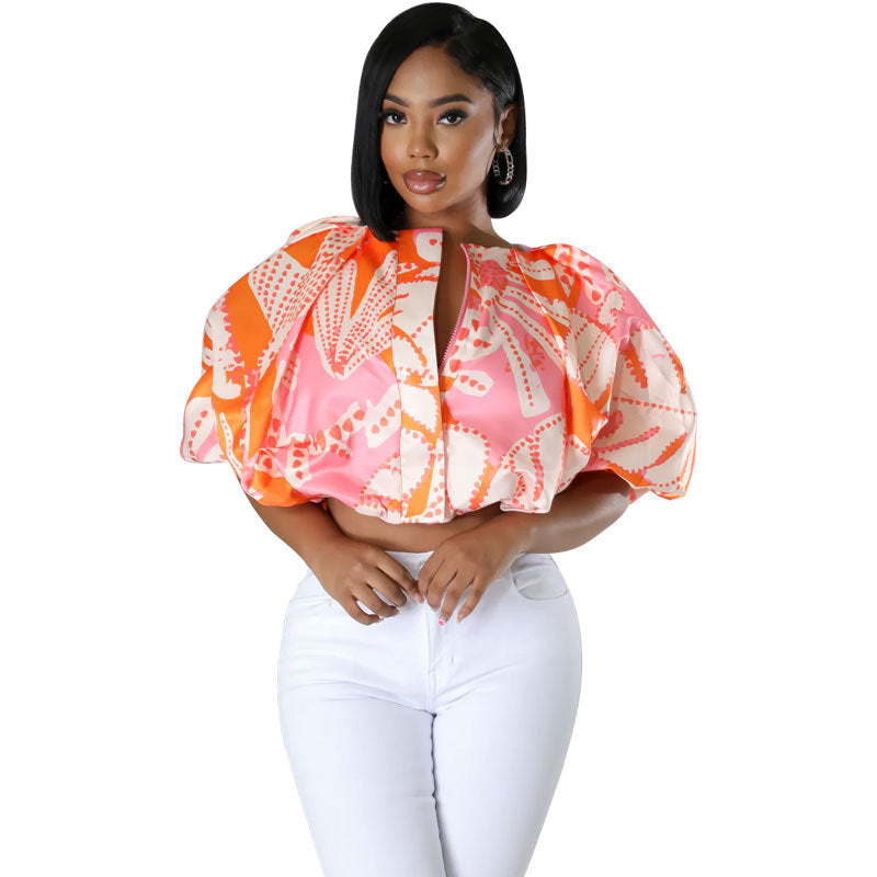 Women Fashion Casual Printed Round Neck Short-Sleeve Crop Top