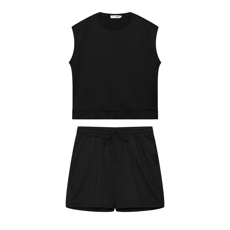 Conjunto de dos piezas de top y pantalones cortos sin mangas informales de color liso para mujer