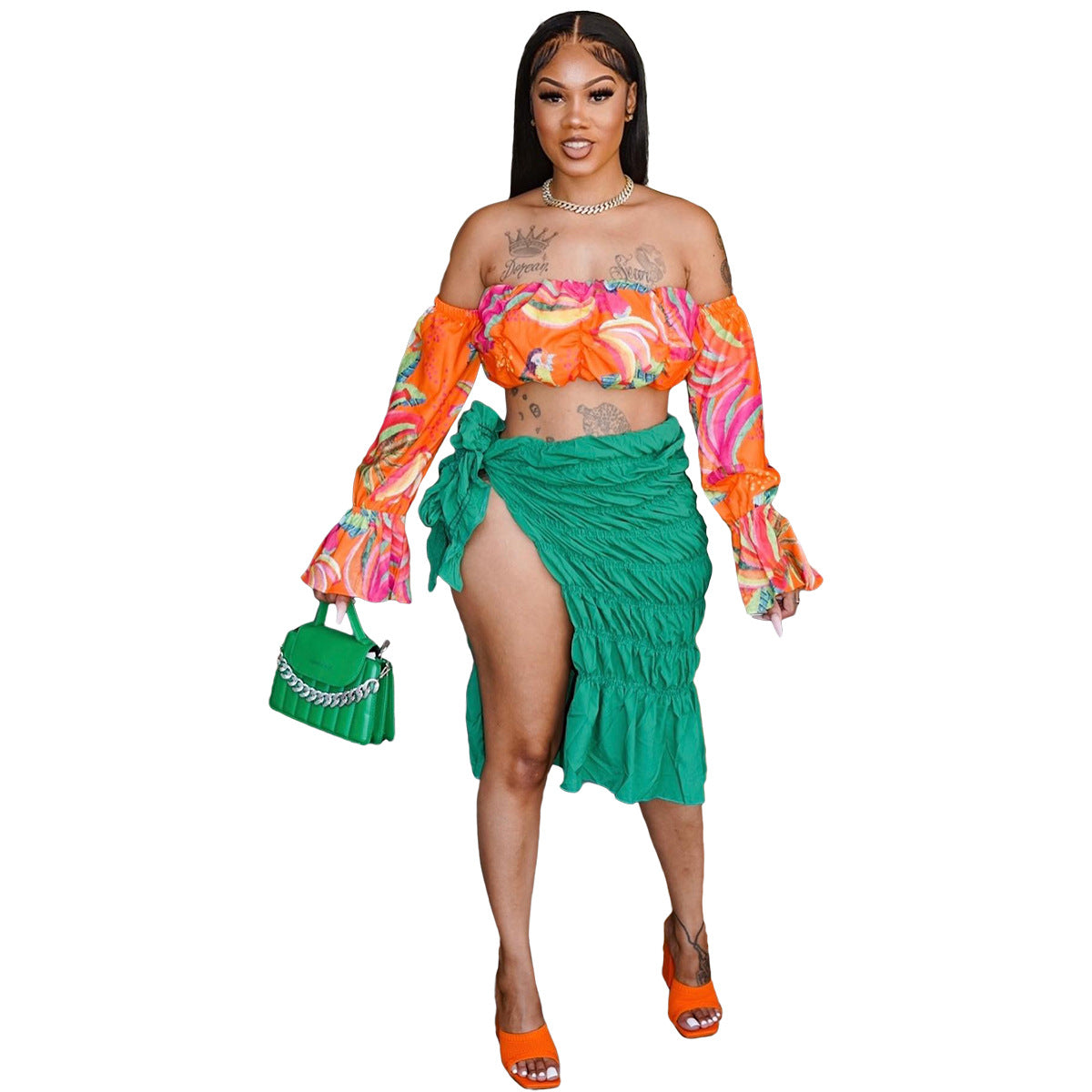Women Casual Fashion Sexy Sides-Lit Stretch Pleated Solid Color Skirt