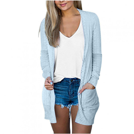 Abrigo informal holgado de manga larga con bolsillos en color liso para mujer