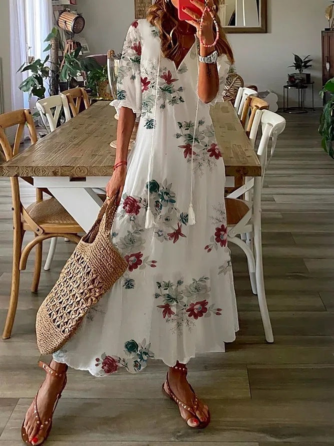 Women Fashionable Casual Floral V-Neck Short Sleeve Dress