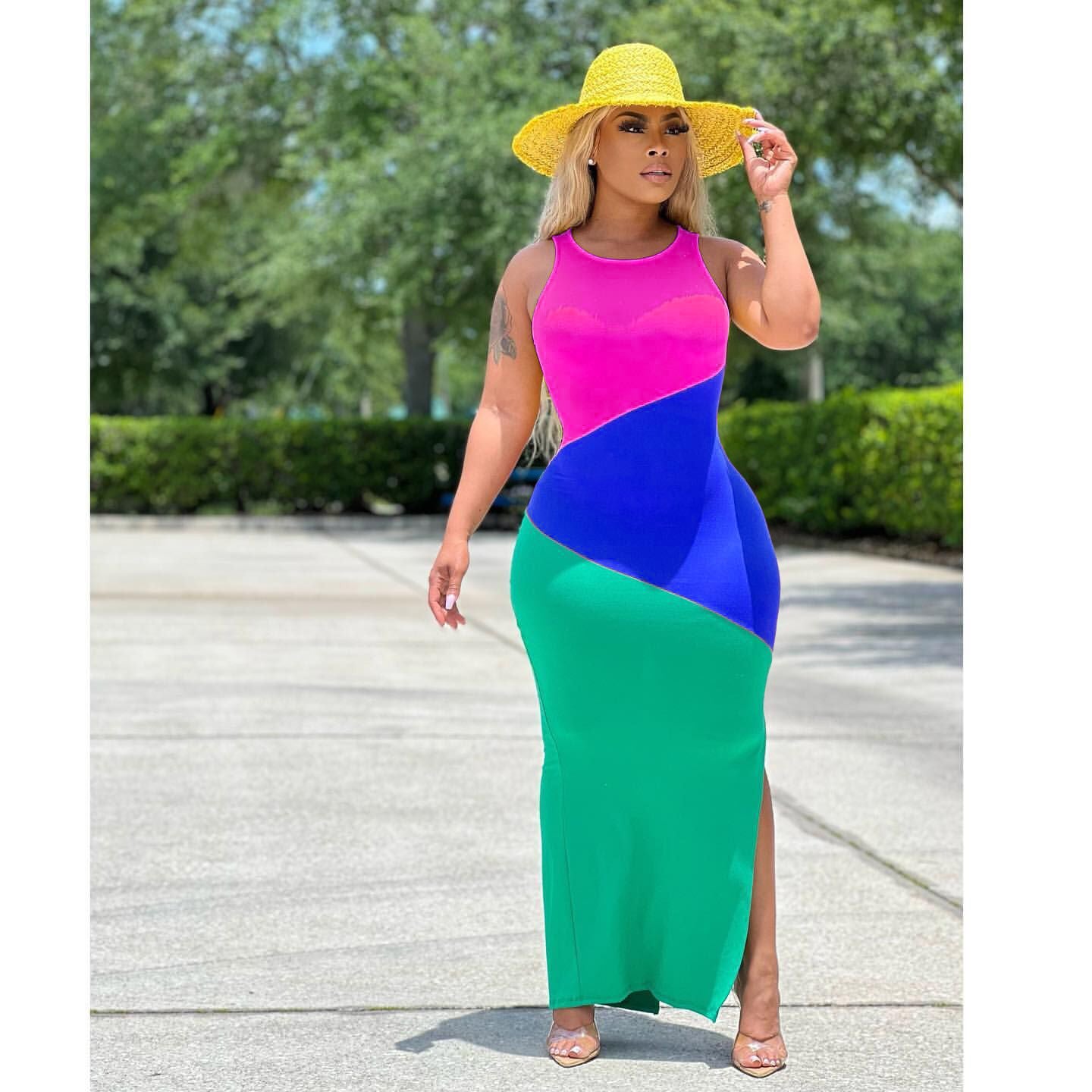 Vestido de tirantes con abertura lateral, estampado sin mangas, cuello redondo, sexy e informal para mujer