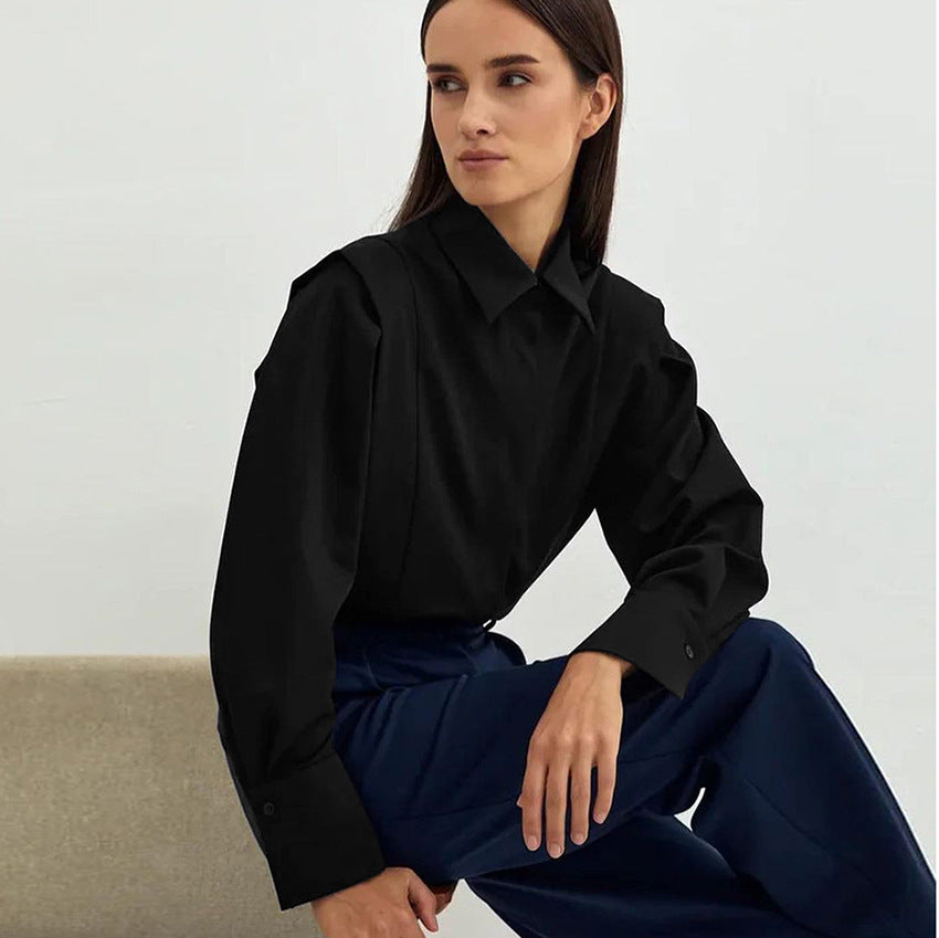 Camisa informal de manga larga con solapa de color liso a la moda para mujer