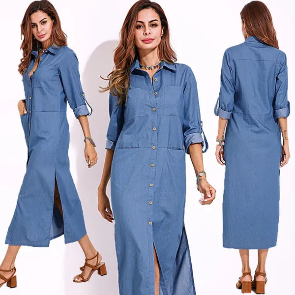 Women Fashion Casual Solid Color Long Sleeve Shirt Collar Cardigan Denim Dress