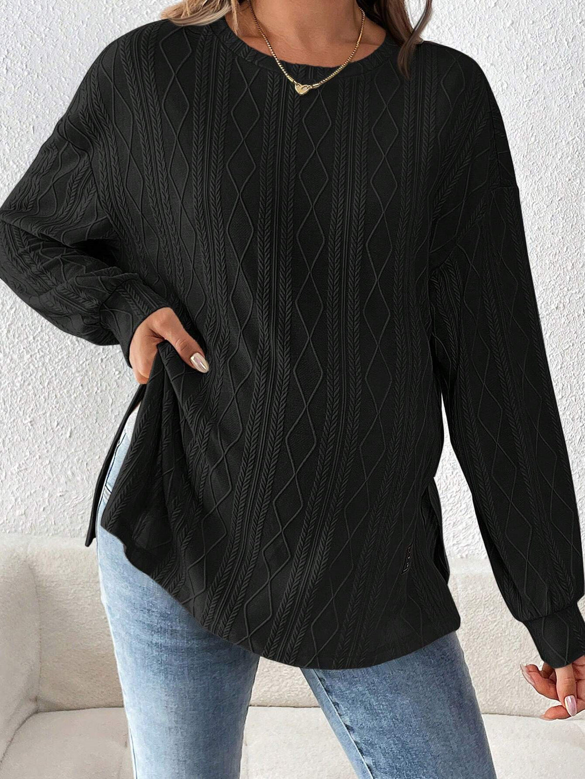 Pregnant Women Fashion Casual Solid Color Textured Crewneck Long Sleeve Split Top