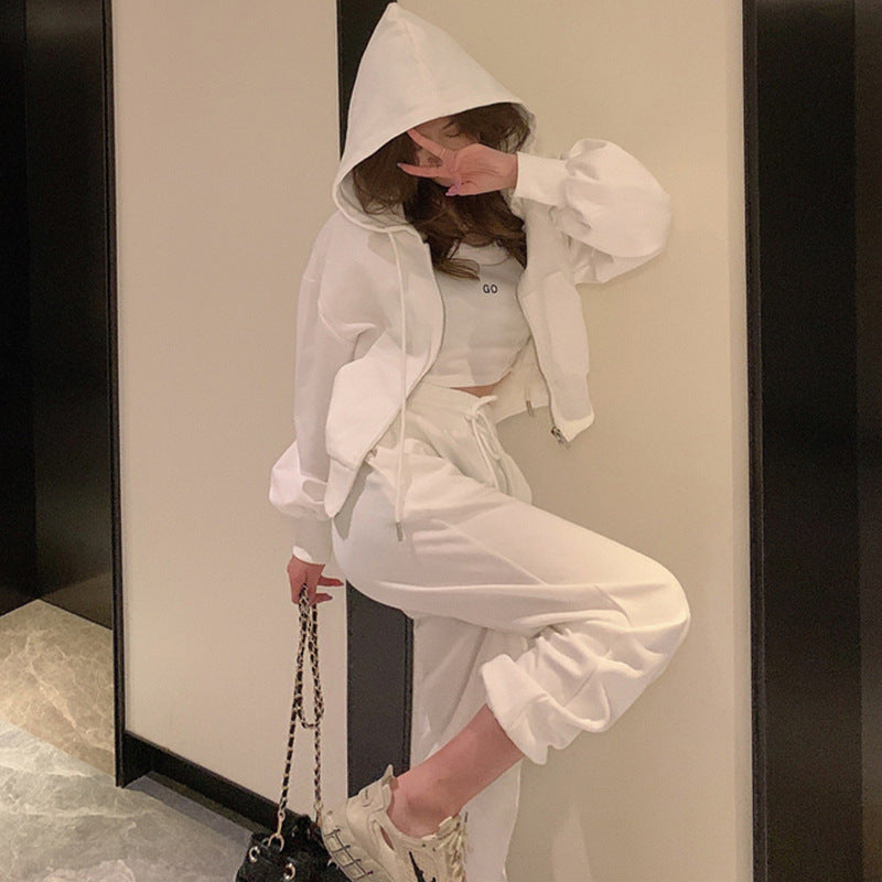 Women Fashion Casual Solid Color Camisole Zipper Crop Top Hoodies Defined Waist Drawstring 3pcs Set