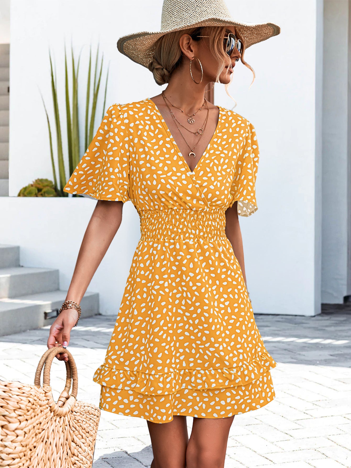 Casual Vacation Summer Sexy V-Neck Puff Sleeve Defined Waist Wrap Dress